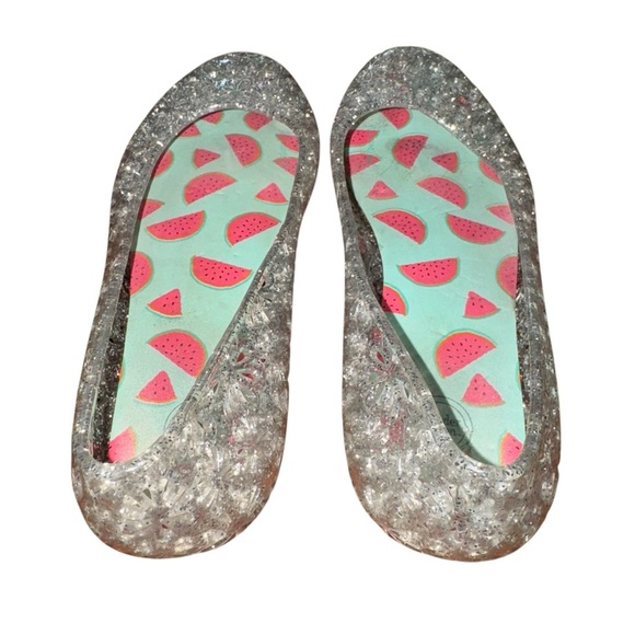 Wonder Nation Women’s Size 6 Jelly Flats Clear Glitter Floral Watermelon Insole - Picture 2 of 4